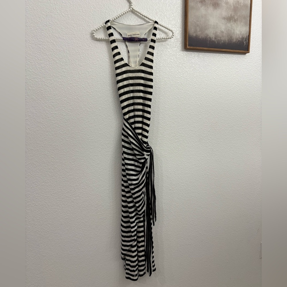 Mara Hoffman XS Black and White Striped Waist Tie Linen Blend Dress
